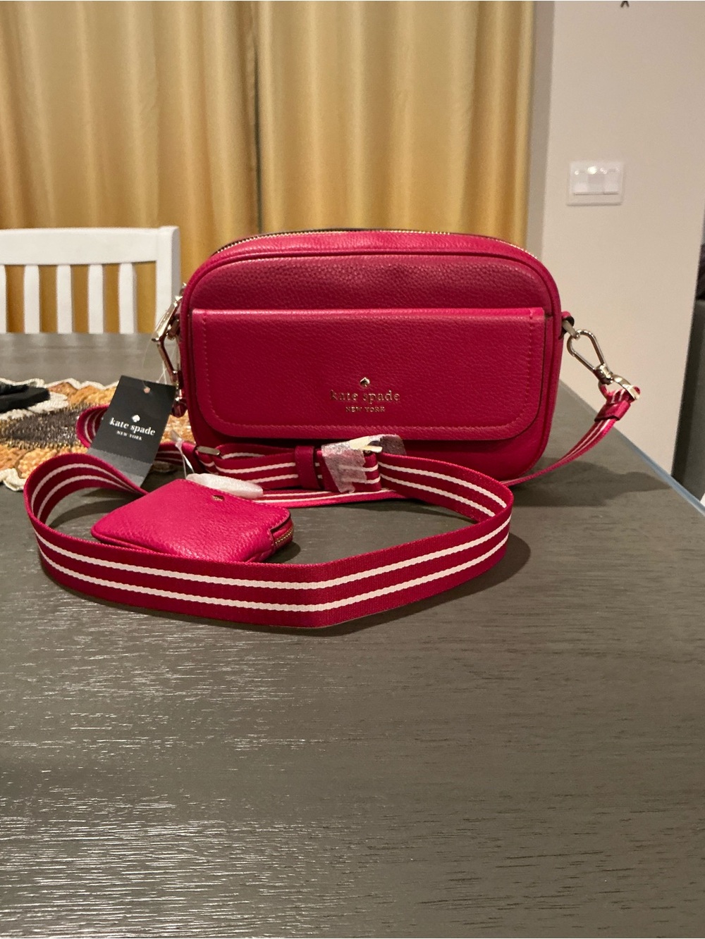kate spade Pink Pebbled Leather Rosie Camera Crossbody with Striped Strap